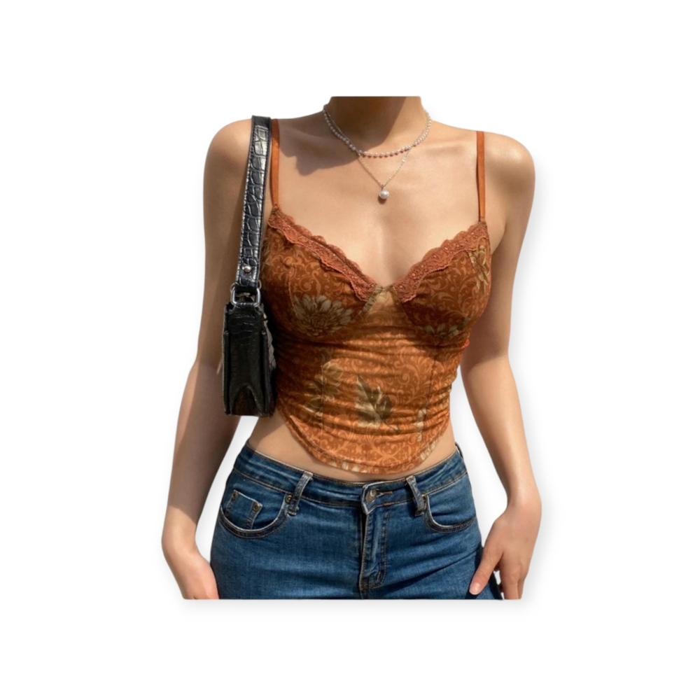 Brown Lace-Trim Floral Cami Top